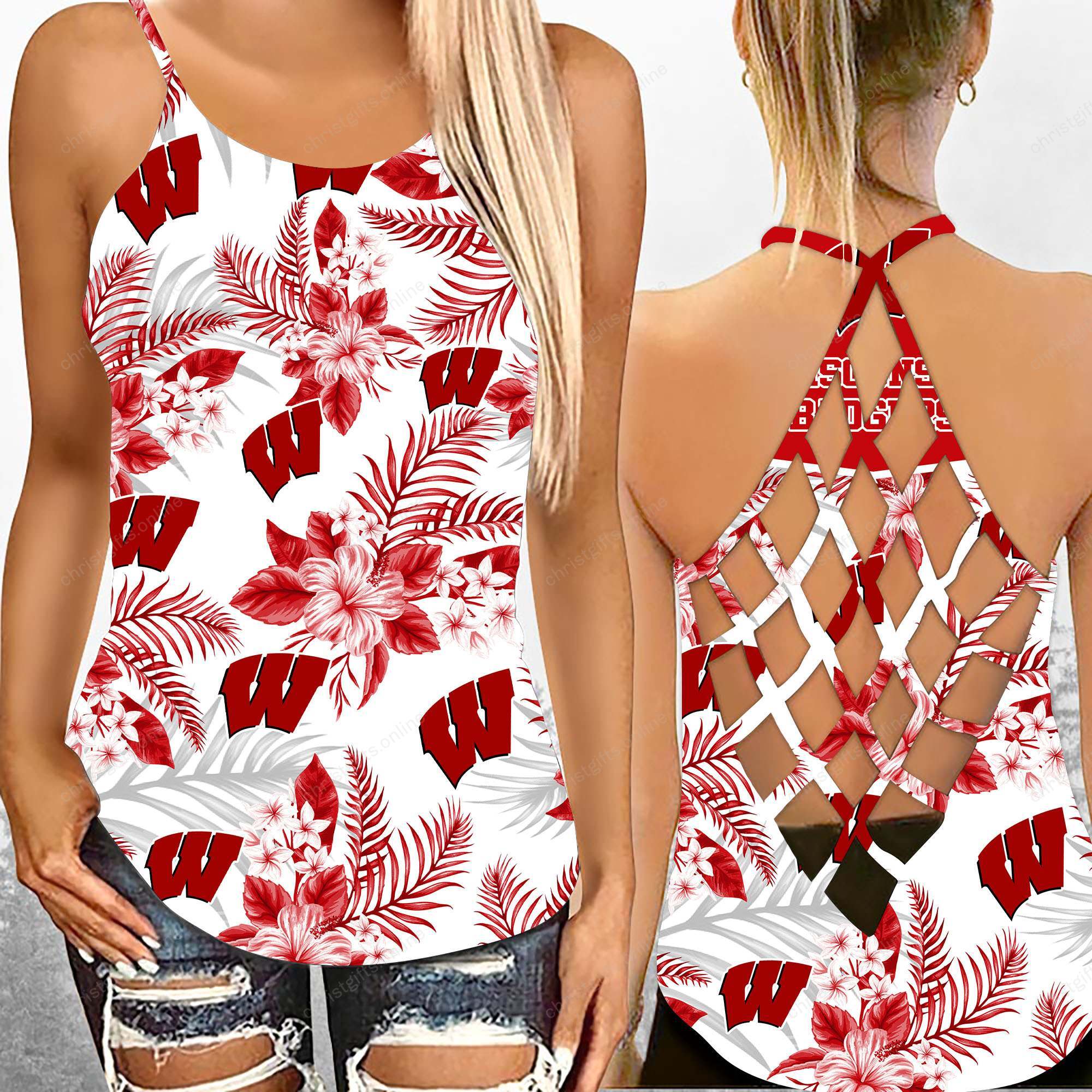 Wisconsin Badgers NCAA1-Criss Cross Tanktop Hawaii Style Ds1