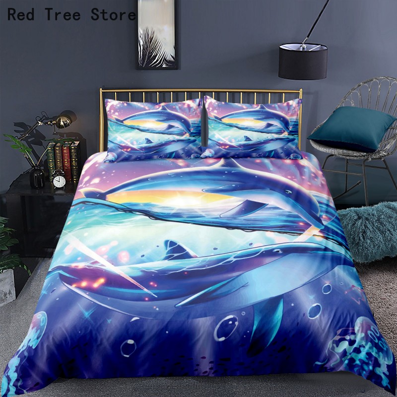 Cartoon Fairy Dolphin Bedding Set Duvet Cover And Pillowcase Single Double Fantasy Printed Bed S