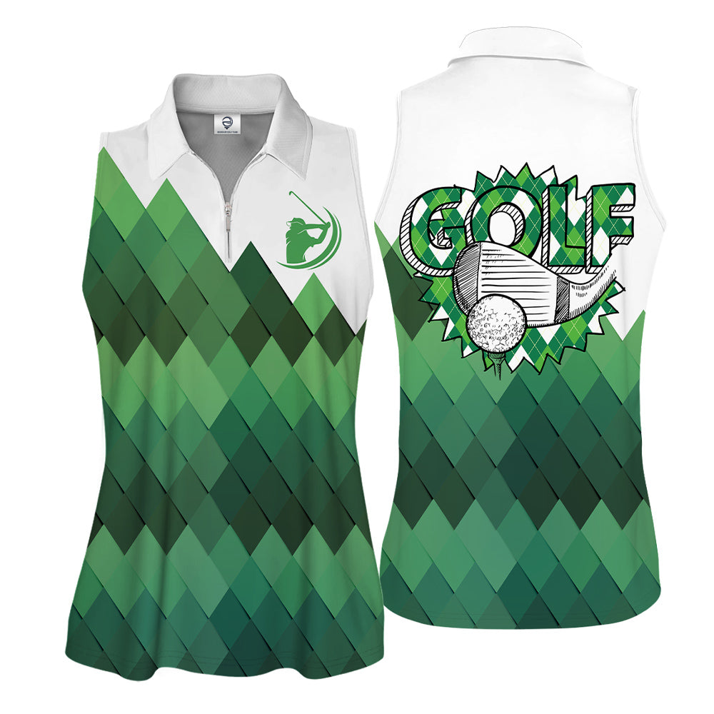 Golf Pattern Green Sleeveless & Zipper Polo Shirt For Woman