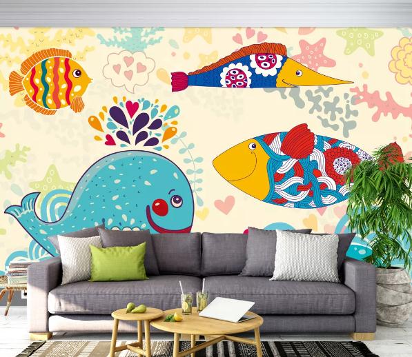 3D Cartoon Dolphin Fish Wall Mural Wallpaper 98