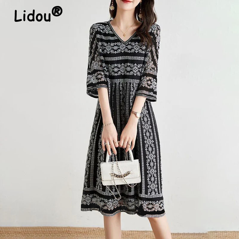 V-neck Elegant Fashion Office Lady Temperament Midi Dress New Summer 2022 Woman Half Sleeve Printing Women’s Clothing Vestido alx