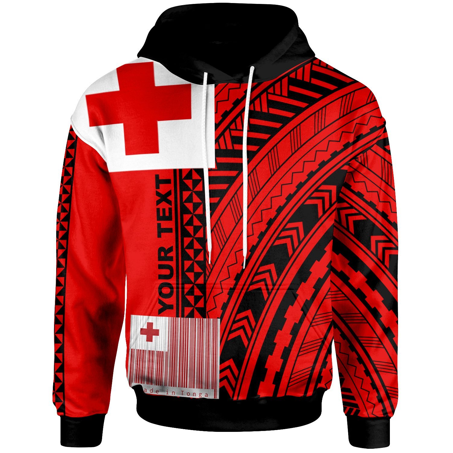 Tonga Custom Personalised Hoodie – Unique Barcode Black Red – BN20