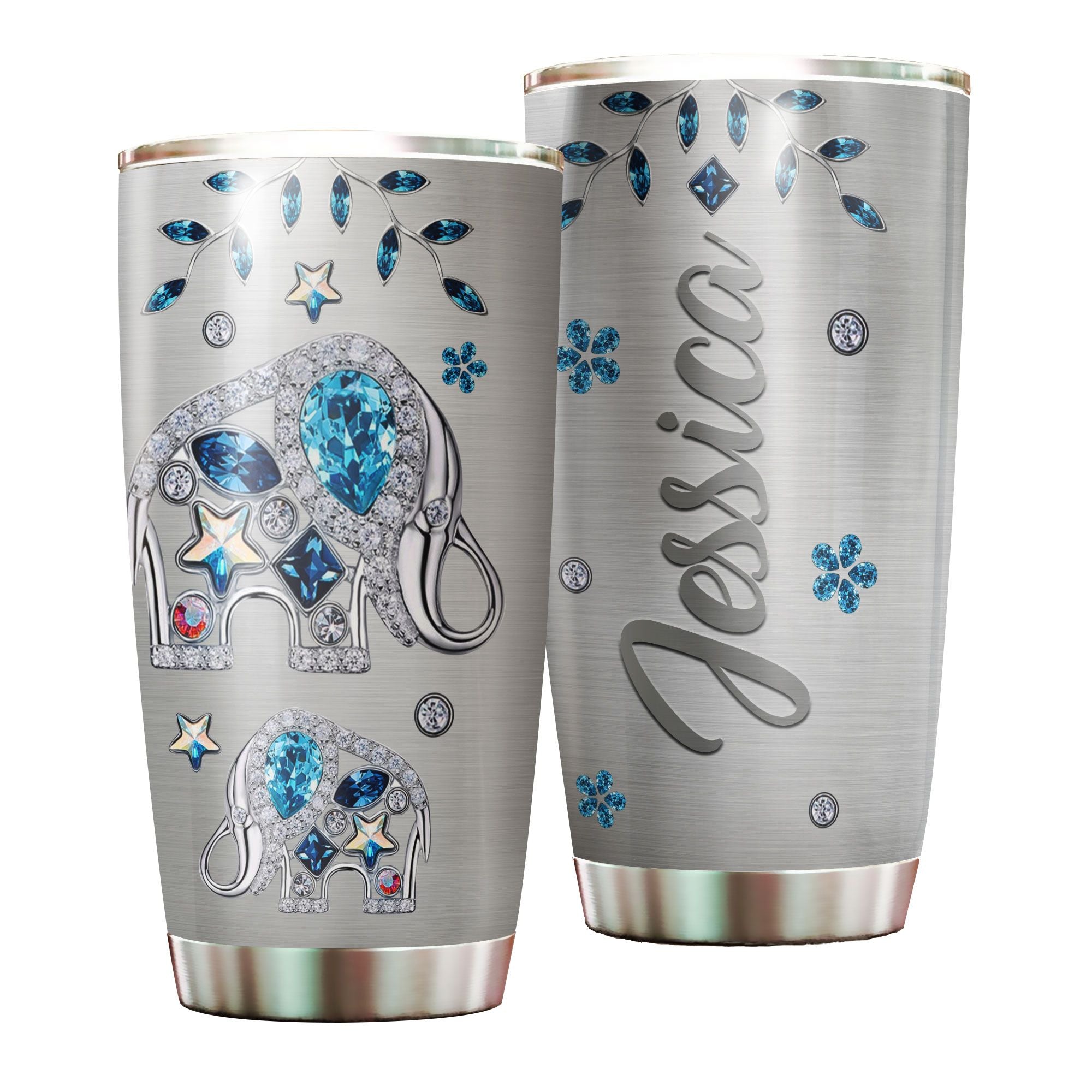 Personalized Animal Elephants Jewelry Style Tumbler Stainless Steel Tumbler – Double-Walled Insulation Travel Thermal Cup With Lid Gift For Elephant Lover Zoo Keeper