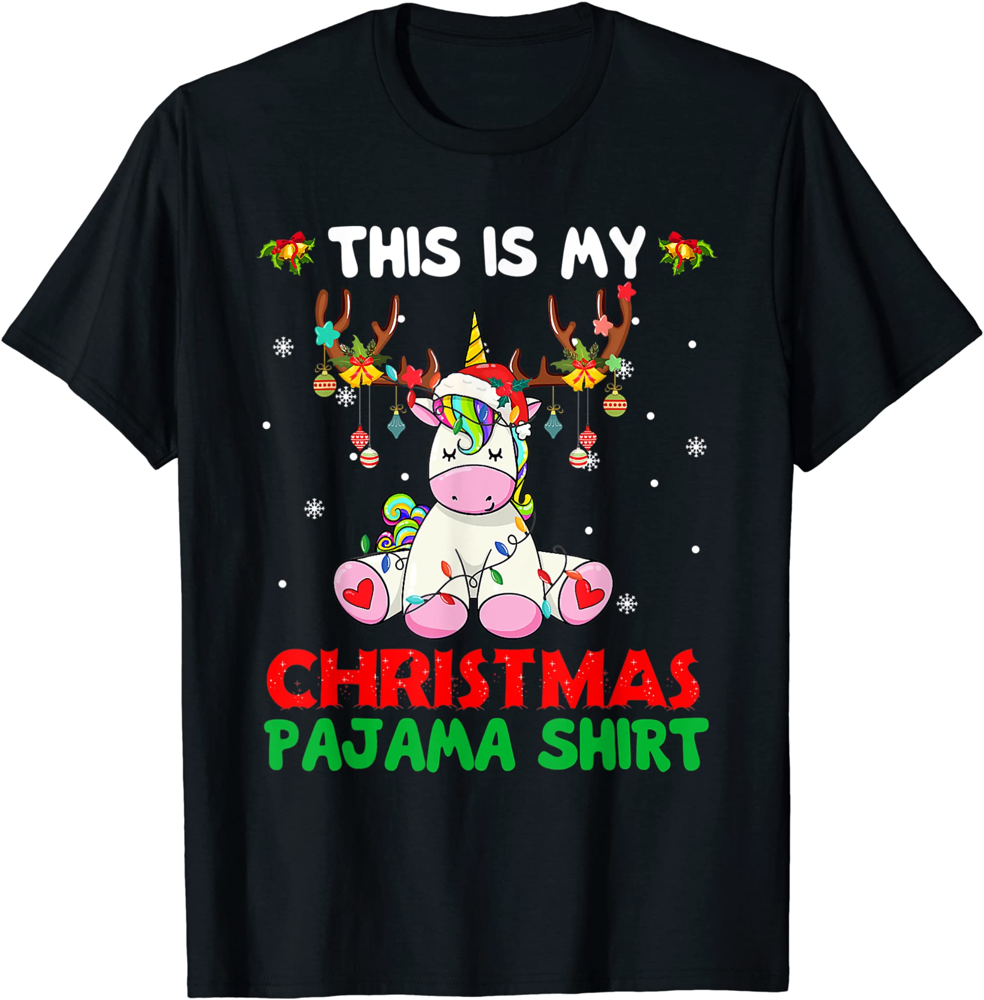 This Is My Christmas Pajama Shirt Unicorn Santa Hat Lights T-Shirt