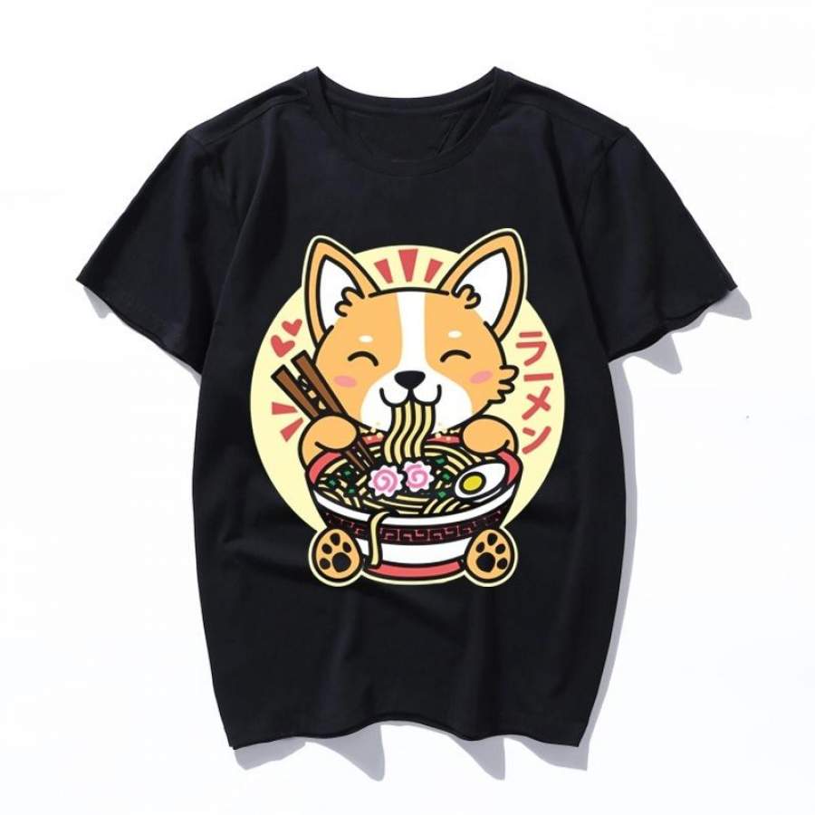 corgi eating ramen cute kawaii noodles black men t shirt women print t-shirt vintage cotton t-shirt short sleeve streetwear tumblr top XS-3XL