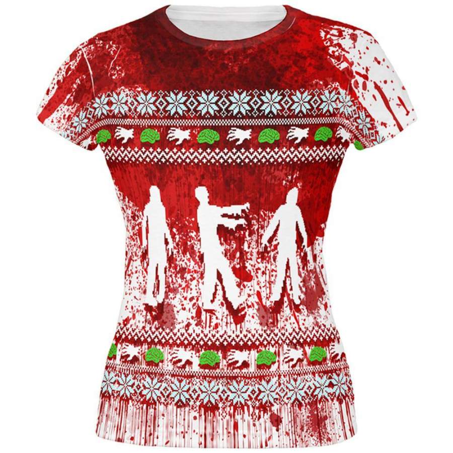 Ugly Christmas Sweater Bloody Zombie Attack Survivor All Over Juniors T Shirt