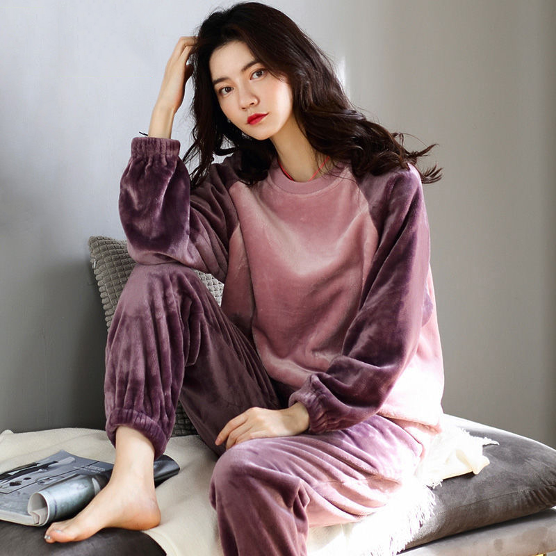 Winter Thick O-neck Pajama Sets Women Tender Warm Fluffy Flannel Leisure Patchwork Loose Nightwear Female Elastic Waist Chic Ins alx