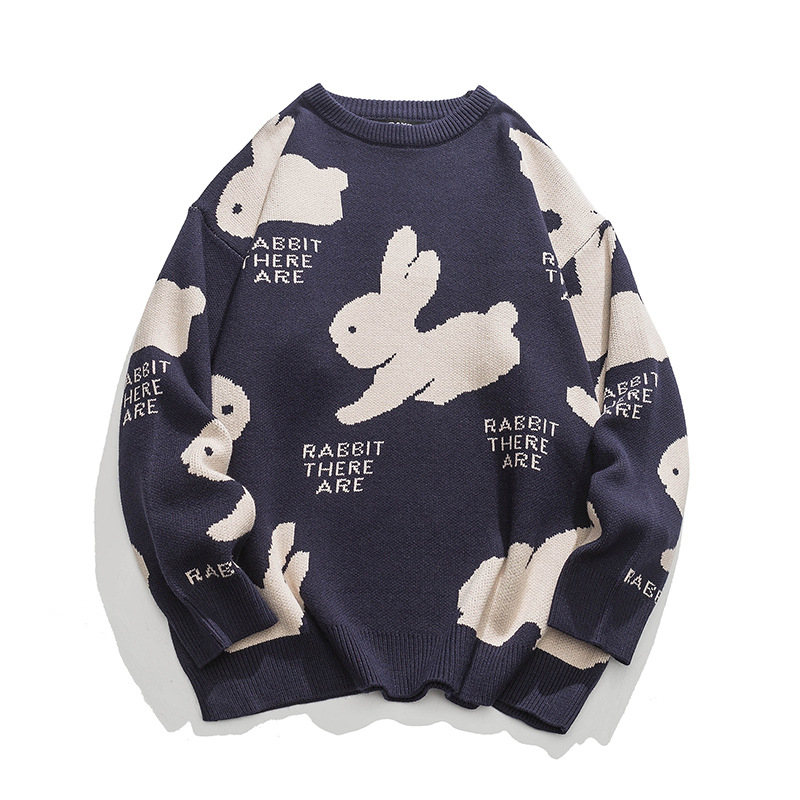 Winter Retro Christmas Sweater Men Cartoon Rabbit Knit Sweaters Casual Loose Unisex Pullovers Couple Knitwears New Ropa Hombre alx