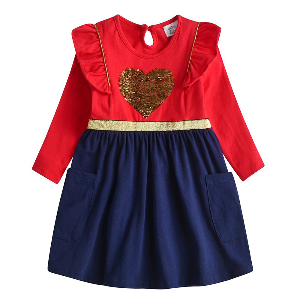 VIKITA Girls Long Sleeve Dress Girls Christmas Festival Vestidos Kids Princess Red Heart Autumn Winter Dresses New Year 2-8T alx