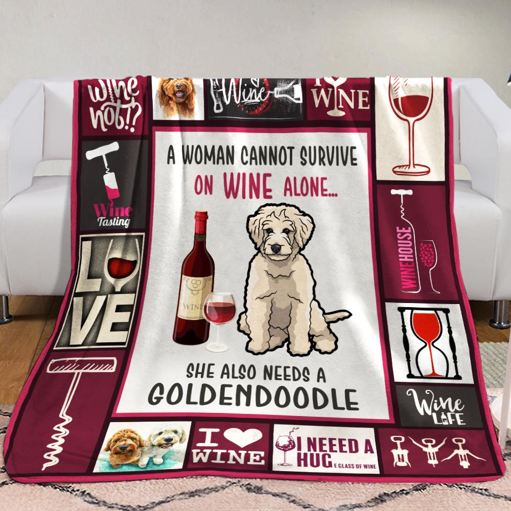 Wine And Goldendoodle Fleece Blanket, Sherpa Blanket, Gift For Parent, Family Member, Friends Gift, Christmas Gift, Home Decor, Home Living