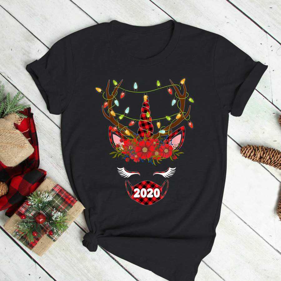 Unicorn Face Wearing Mask Christmas 2020 Buffalo Plaid Xmas T-Shirt