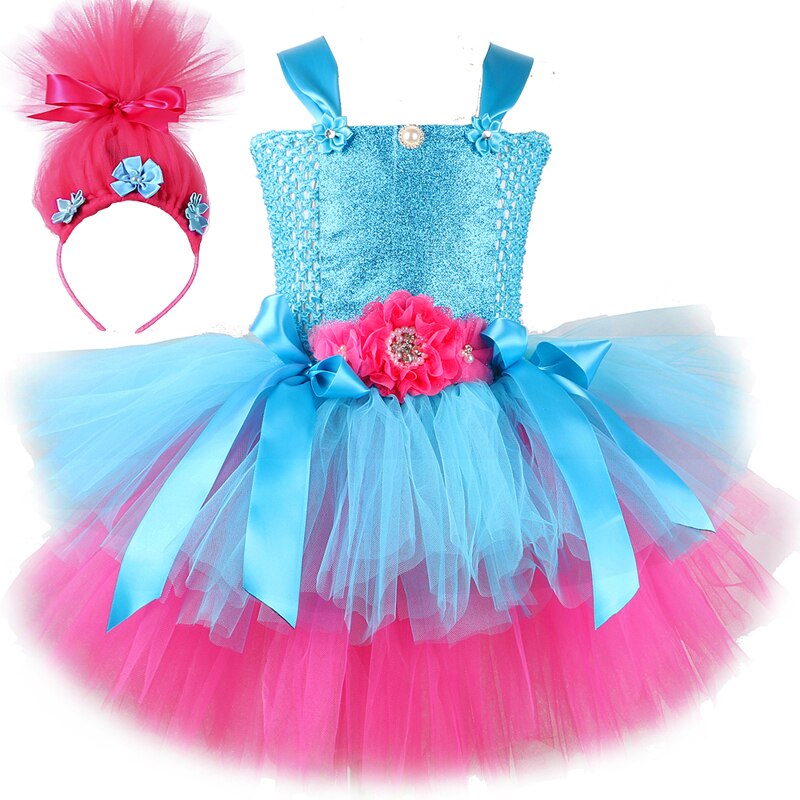 Trolls Tutu Dress for Girls Princess Poppy Birthday Costumes for Kids Magic Elves Halloween Dresses Girl Fairy Flower Outfits alx