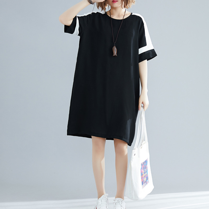 #3220 Summer Black Dress Women Spliced Color O Neck Chiffon T Shirt Dress Loose Short Sleeves Casual Knee-length Dresses Pockets alx