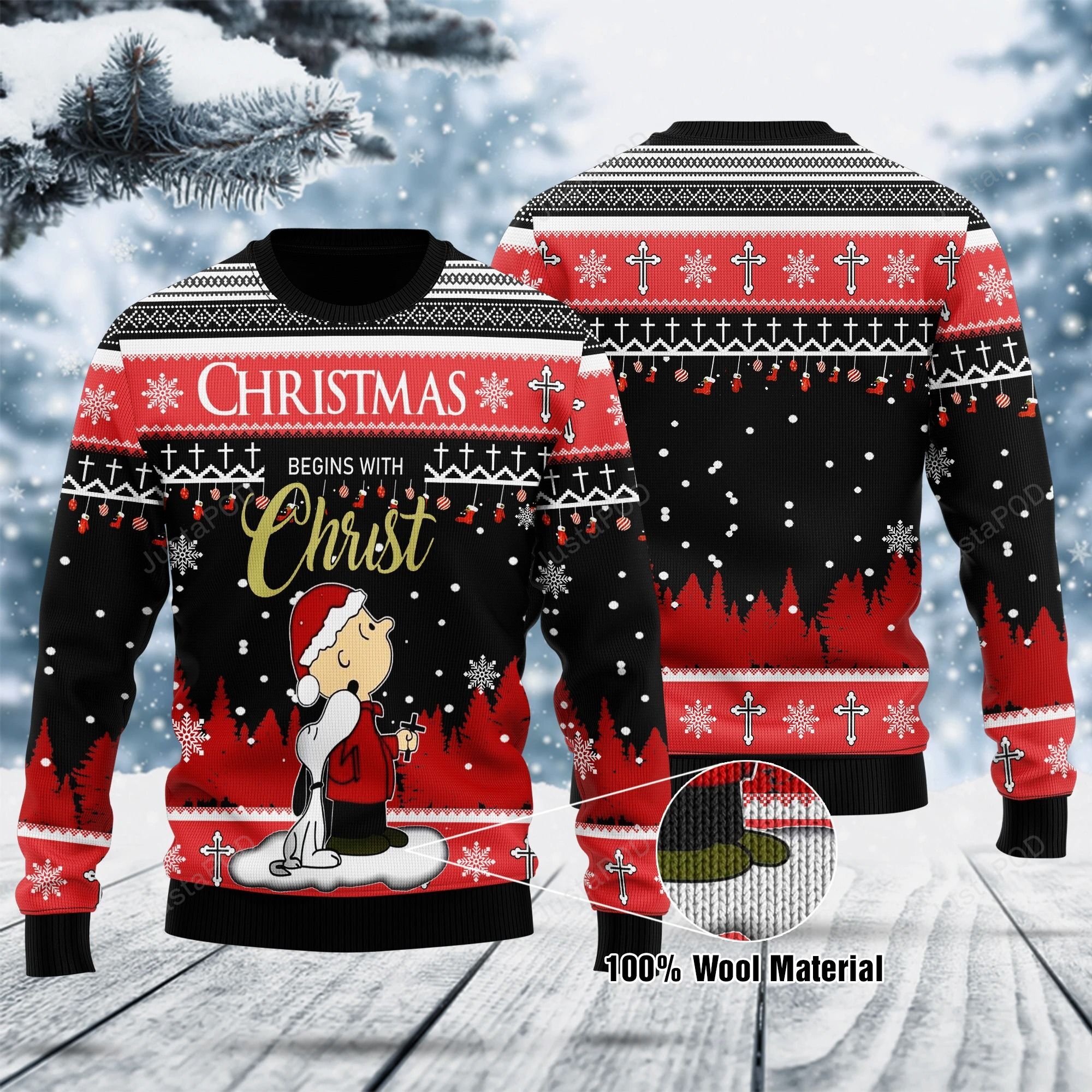 Snoopy Christmas Ugly Sweater Peanuts Snoopy And Charlie Christmas Begins With Christ Black Red Sweater