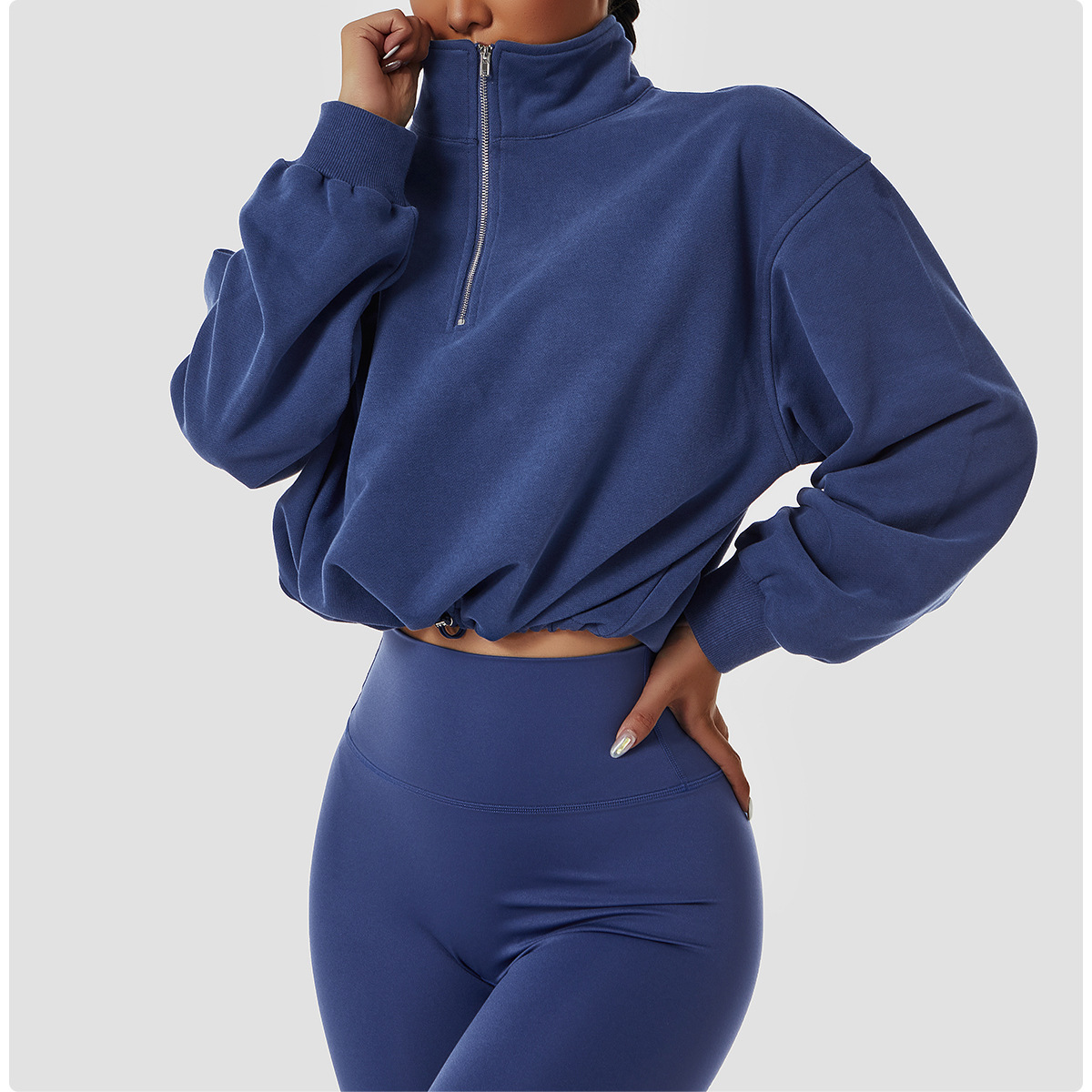 Wmuncc Flare Crop Top Long Sleeves High-neck Fitness Sports Sweater Women’s Outdoor Running Drawstring Zipper Loose alx