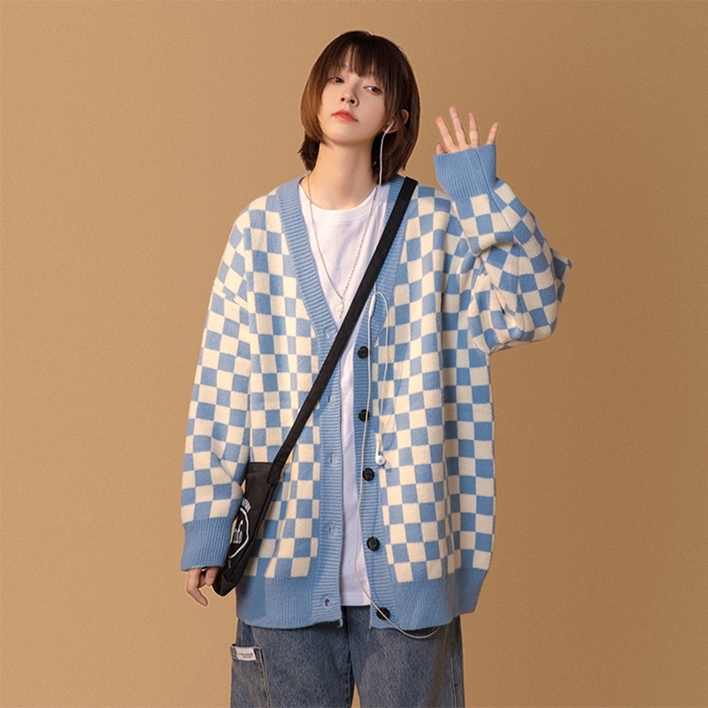 Autumn And Winter New V-neck Plaid Pattern Loose Knitted Cotton Cardigan Large Size Baggy Sweaters Coat For Women Open Front alx