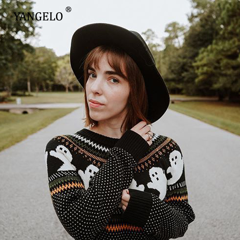 Yangelo Ghost Pattern Knit Sweater Women 2020 Fashion Winter Warm Long Sleeve Loose Comfortable Pullover Black Gothic Girl Top alx