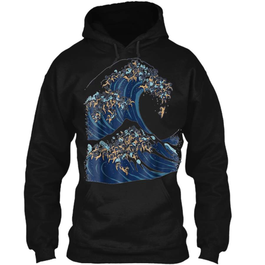 The Great Wave of Pugs Funny T-  by Huebucket Pullover Hoodie 8 oz