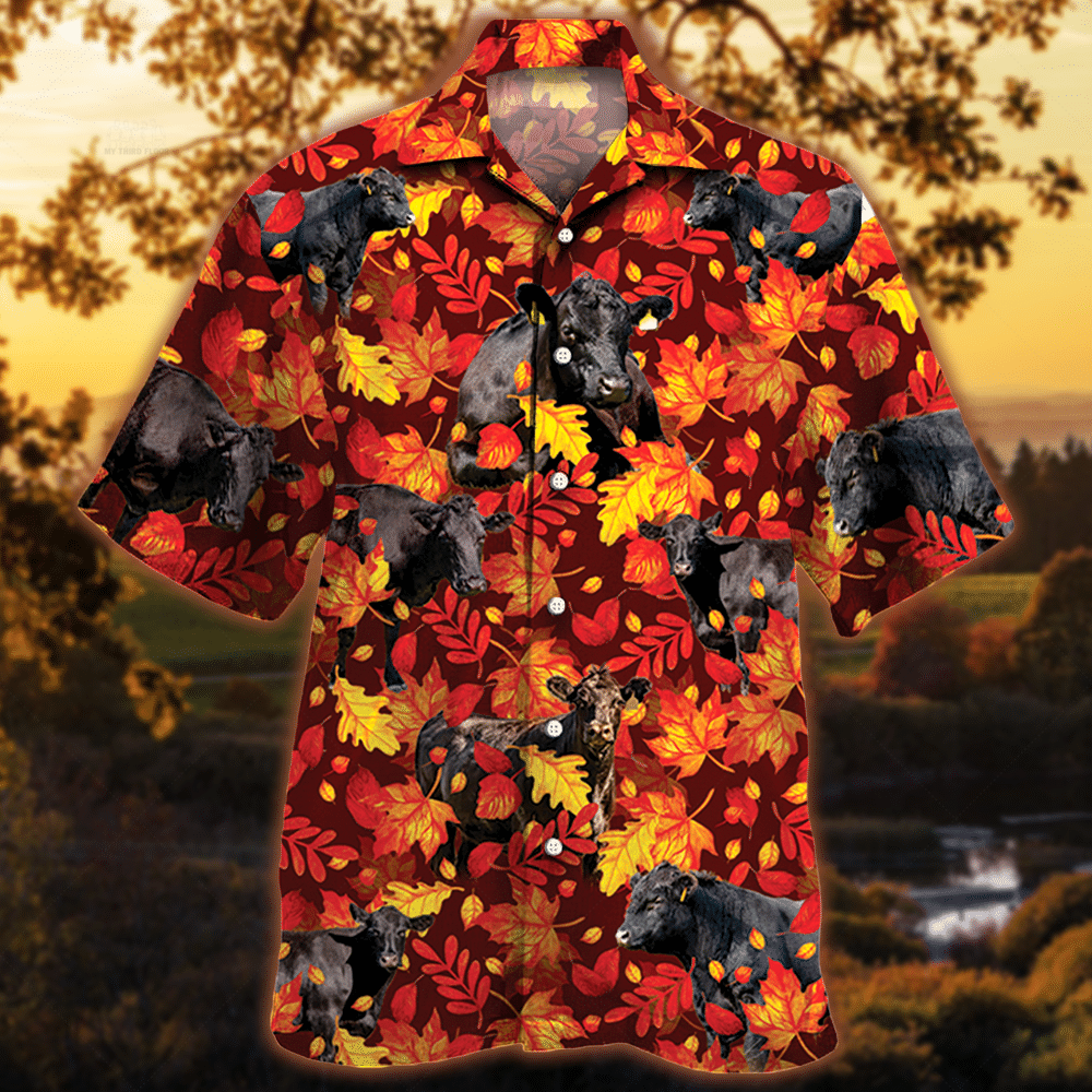 Black Angus Cattle Lovers Autumn Red Leaves Hawaii Cow Hawaii Shirt For Men Women Ha39284