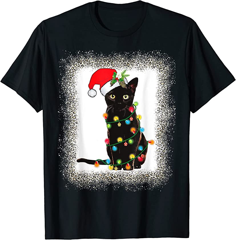 Christmas Santa Hat Black Cat Tree Lights Leopard Xmas T-Shirt