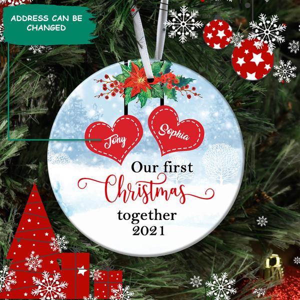 Our First Christmas Together – Couple Circle Ceramic Ornament – Personalized Decorative Christmas Ornament