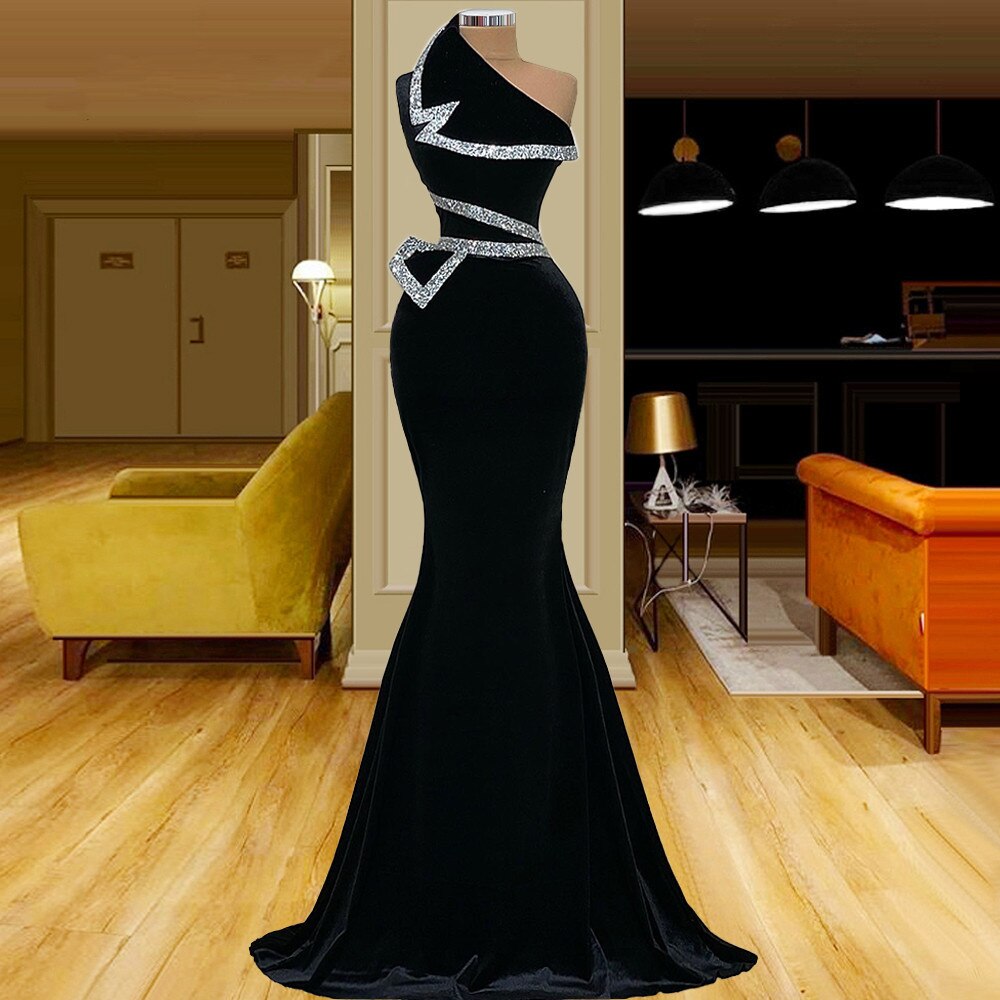 Black Velour One Shoulder Mermaid Evening Dresses Diamond Custom Made Women Formal Party Night Long Prom Gowns robes de soirée alx