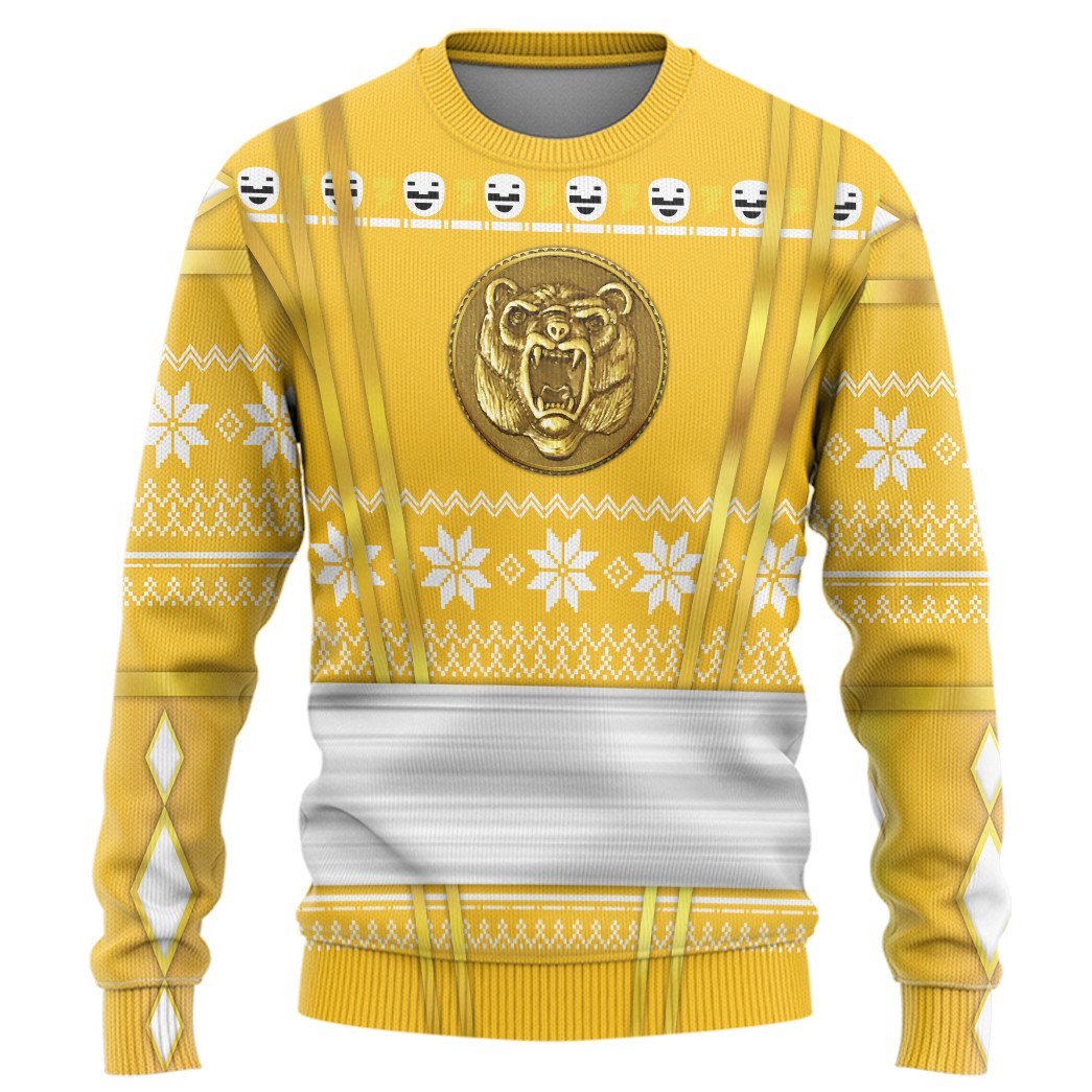 Gearhumans 3D Yellow Ninja Mighty Morphin Power Rangers Custom Ugly Sweater