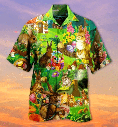 Waybackapparel Happy Easter Bunny On Garden Green 3D Hawaiian Shirt