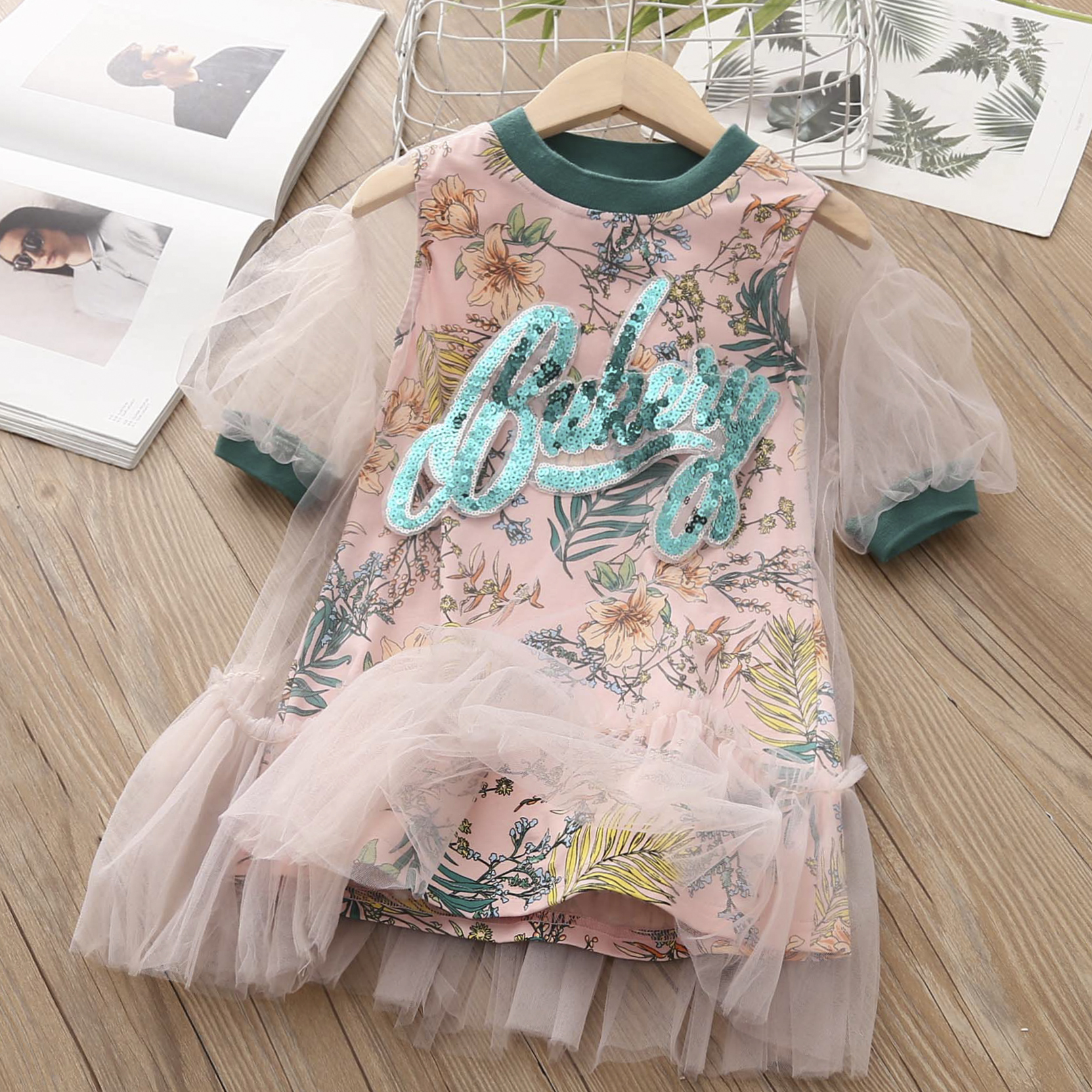 2022 Summer New Design 3 4 5 6 8 10 12 Years Lace Patchwork Flower Glitter Print Half Sleeve Cotton Lining Dress For Kids Girls alx