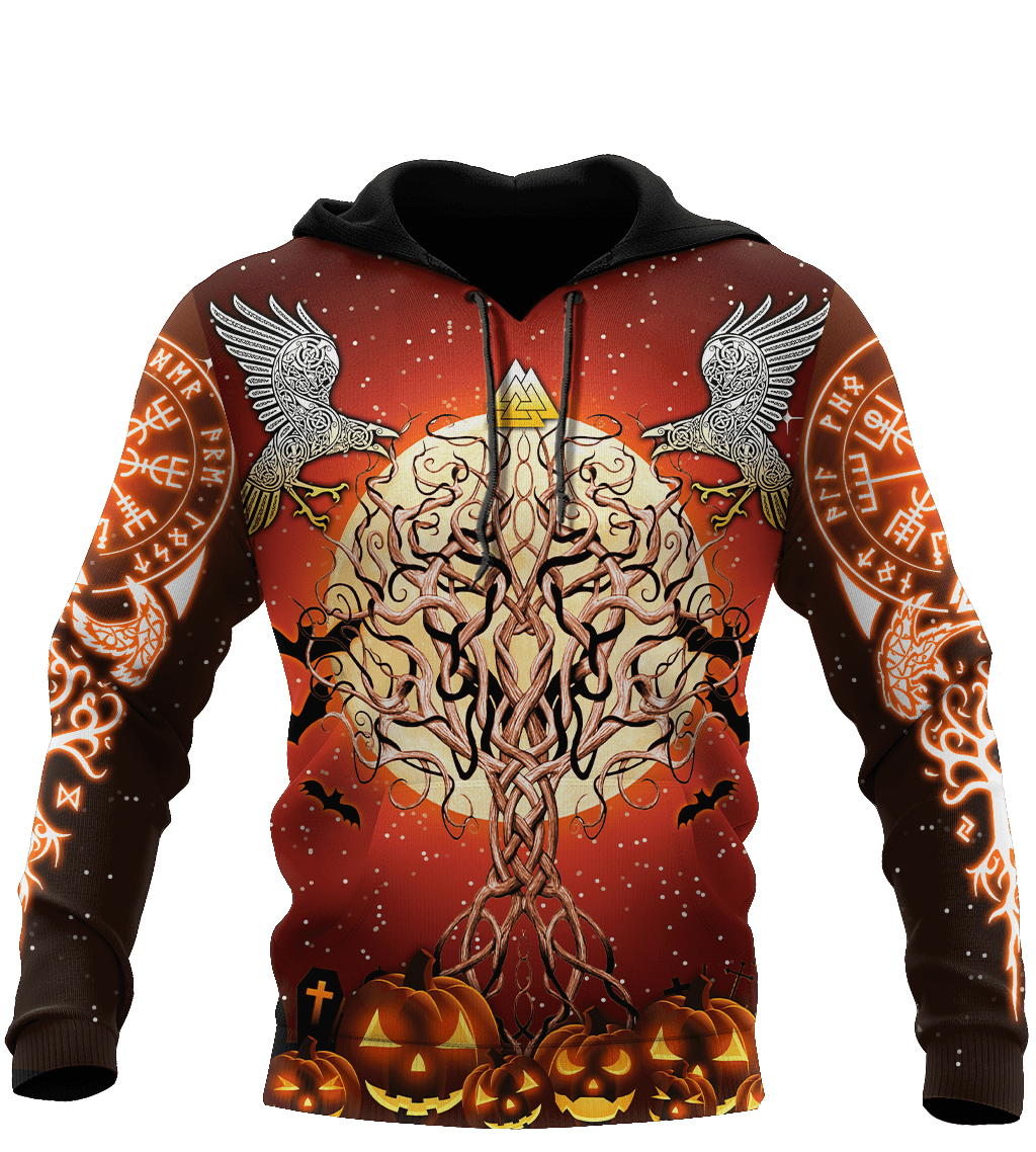 Viking Halloween – Tree Of Life with Raven 3D All Over Print | Hoodie | Unisex | Full Size | Adult | Colorful | HT3341