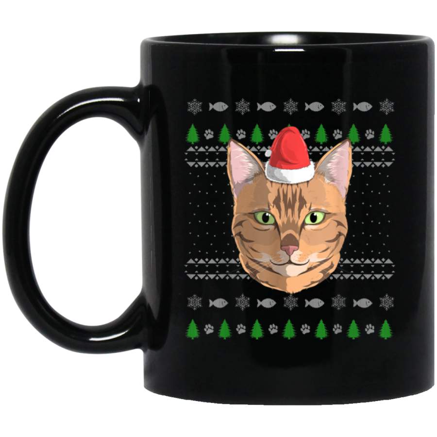 Bengal Cat Santa Claus Hat Ugly Christmas Pattern X-Mas Gift Black Mug