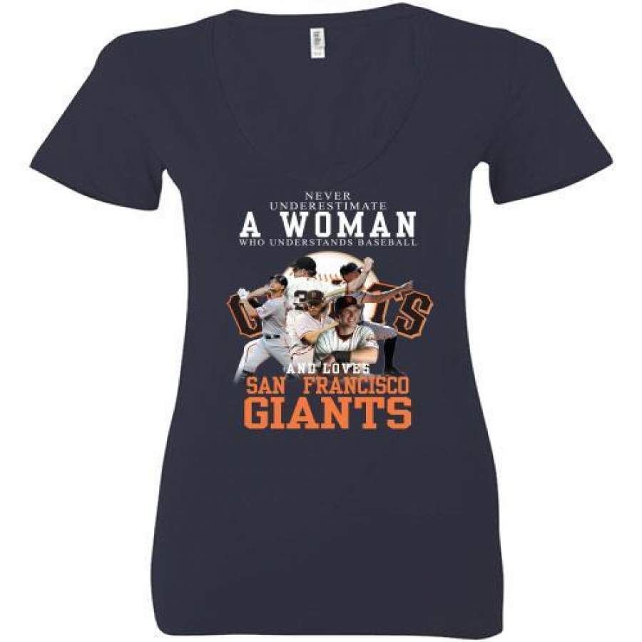 Never Underestimate A Woman Who Understands Baseball and Love San Francisco Giants Ladies Deep V-Neck