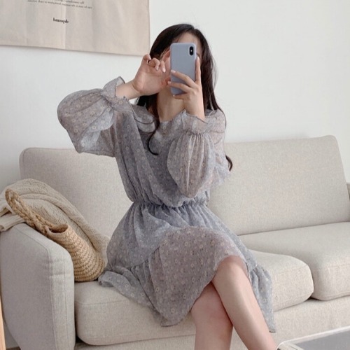 2021 Chic Korea Clothes Design Fashion Women Flare Sleeve Slim Elastic Waist Ruffled Floral Printed Chiffon Cute Sweet Dress alx