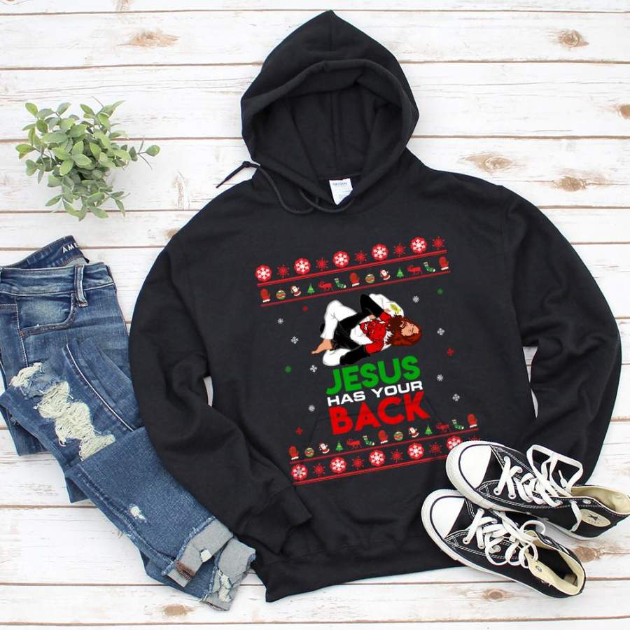 Jesus has your back happy christmas ornament snowflakes black hoodie for men and women S-5XL