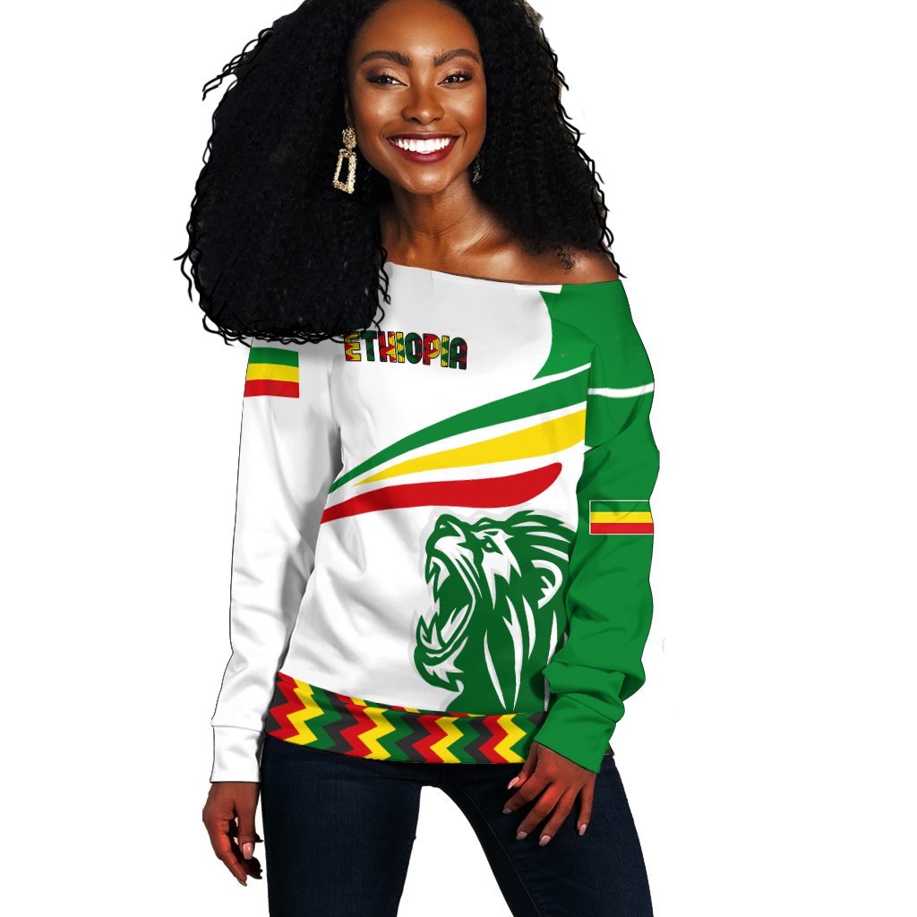 1stTheWorld Ethiopia Off Shoulder Sweater, Ethiopia Flag Lion Fly A10