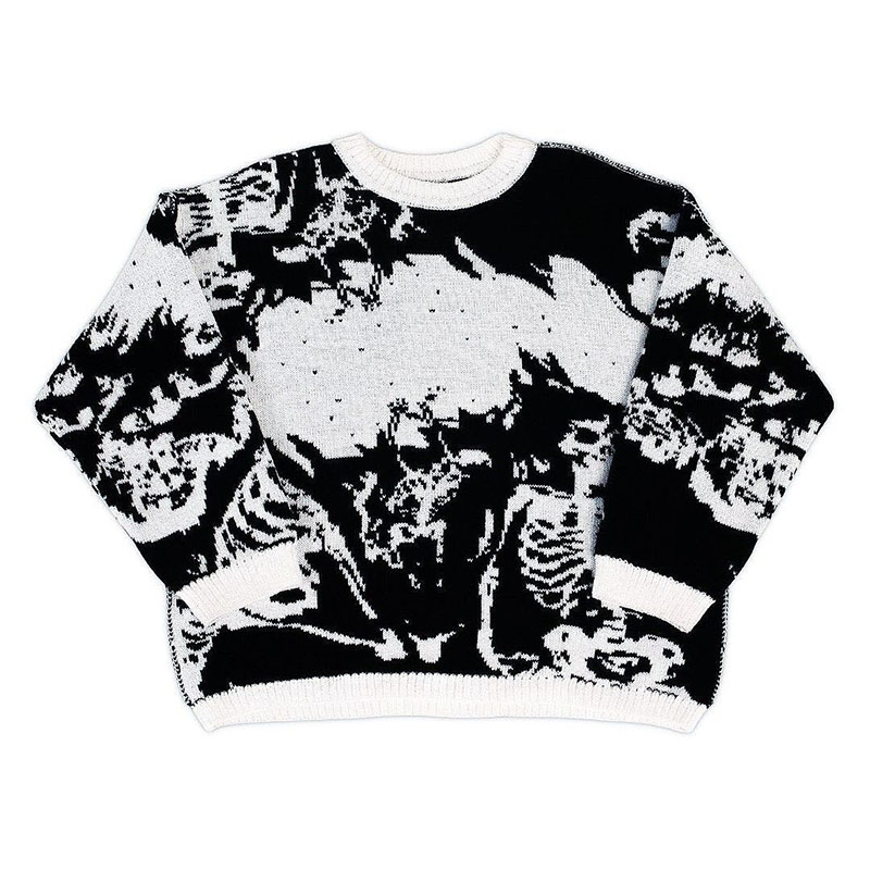 Y2k Harajuku Skeleton Kawaii Retro Cute Round Neck Pullover Sweater Pattern Knitted Warm Loose Oversized Sweatshirt Womens alx