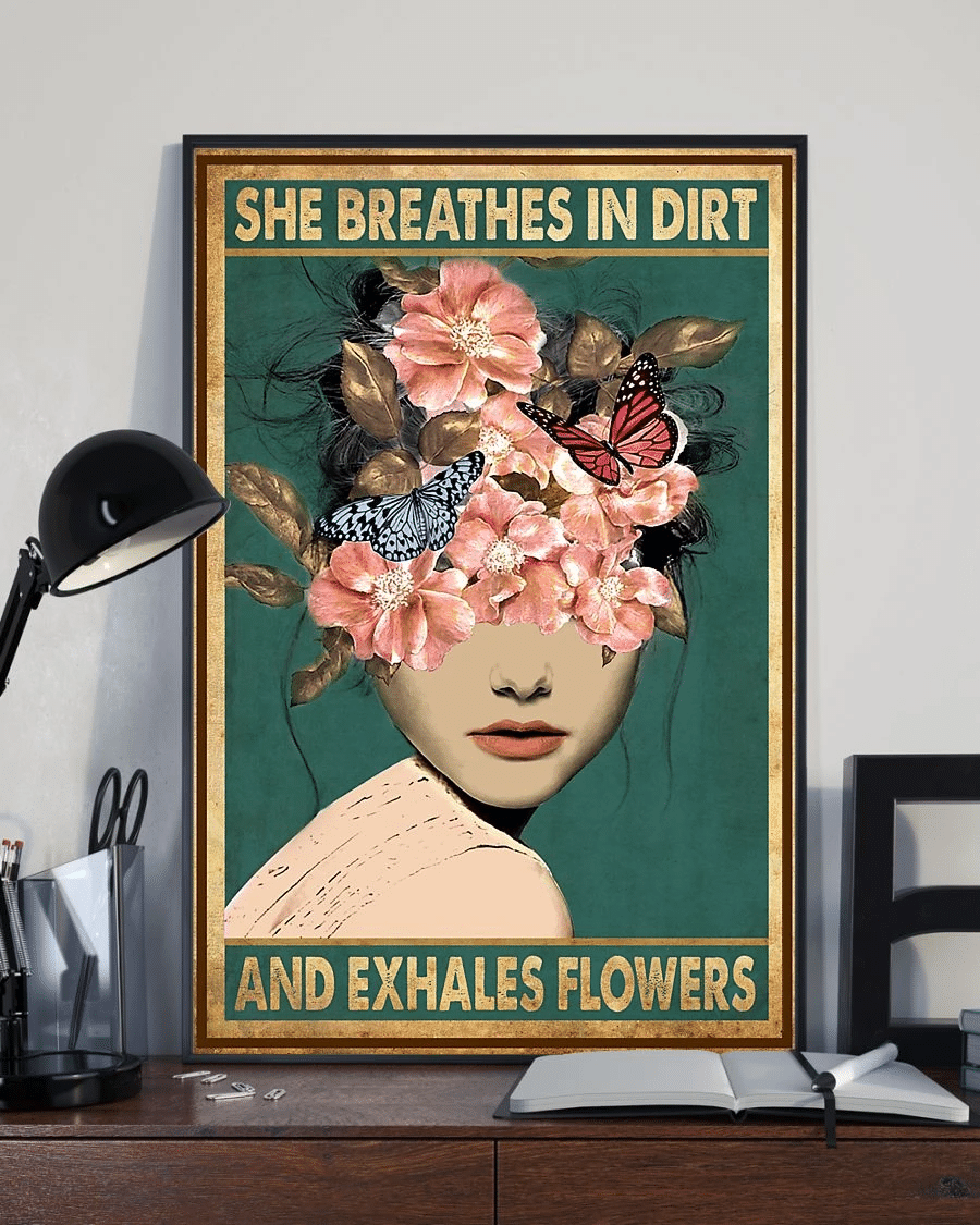 Butterfly Flowers Girl Poster Canvas – She Breathes In Dirt And Exhales Flowers Vintage Home Decor Wall Art Evg81687