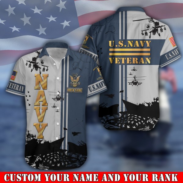 Navy Military Hawaiian Shirt Custom Your Name And Rank Gift For Veteran Ha70289