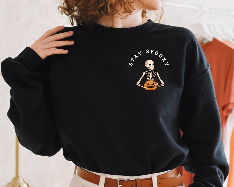 Stay Spooky Sweatshirt, Skeleton Sweatshirt, Pumpkin Sweatshirt, Halloween Crewneck Sweatshirt All Over Print Sweatshirt For Women Sweatshirt For Men