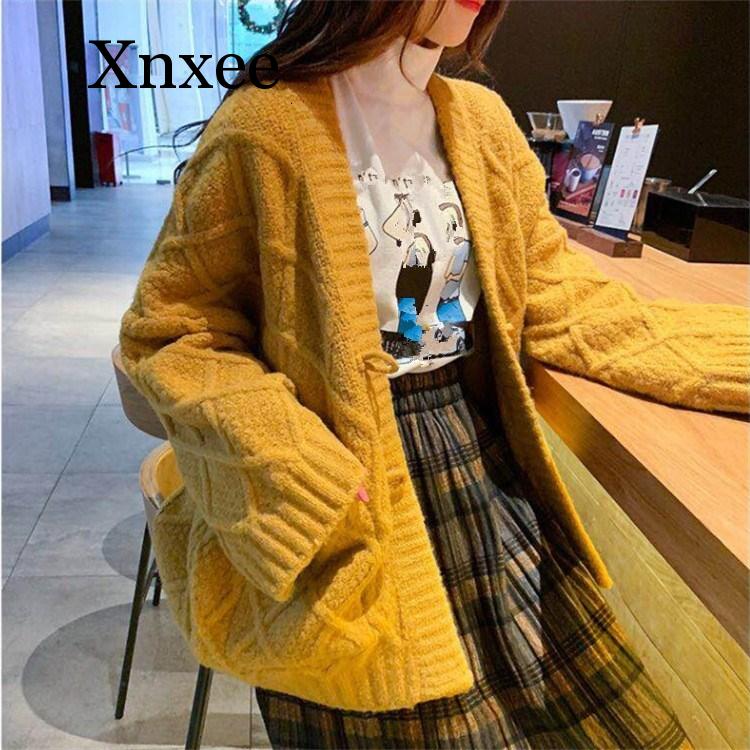 Autumn New Solid Loose Sweater Coat Women V-Neck Batwing Sleeve Cardigan Sweater Casual Knitted Top Vintage Loose Red alx