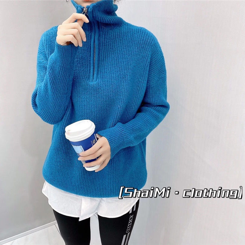 Women’s Sweater Autumn Winter Solid Knitted Turtleneck Zipper Turn-down Collar Thick Loose Casual Vintage Warm Ladies Sweater alx