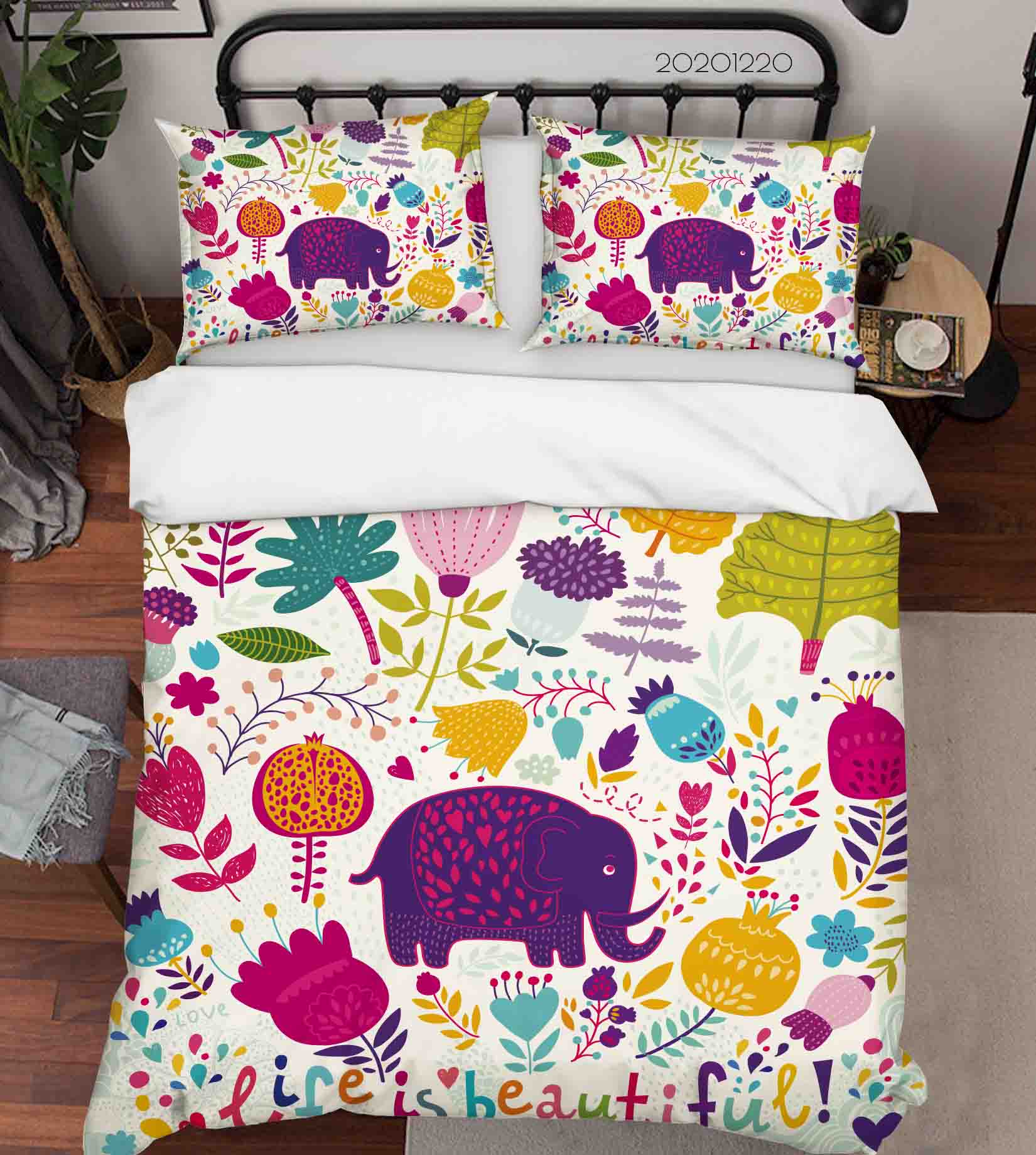 3D Hand Drawn Animal Elephant Floral Quilt Cover Set Bedding Set Duvet Cover Pillowcases 147 Lqh