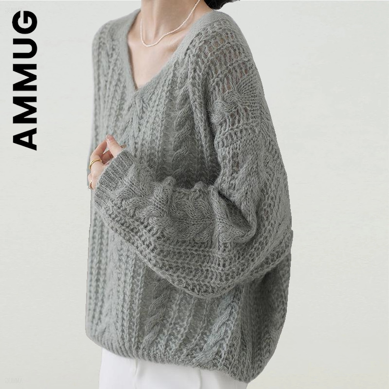 Ammug Women Sweater V Neck Knitted Fashion Sweet Elegant Women Sweaters Soft Girl Women’s Jumper 2022 Korean Cheap Female Tops alx