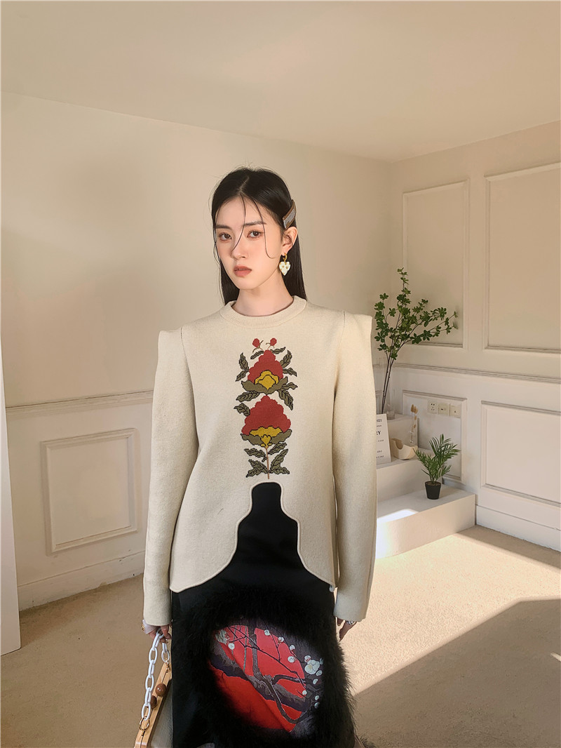 WNDY Designer Long Sleeve Floral Knitted Sweaters For Women Fashion Asymmetrical Pullovers Fall 2022 Runway Female Clothing alx