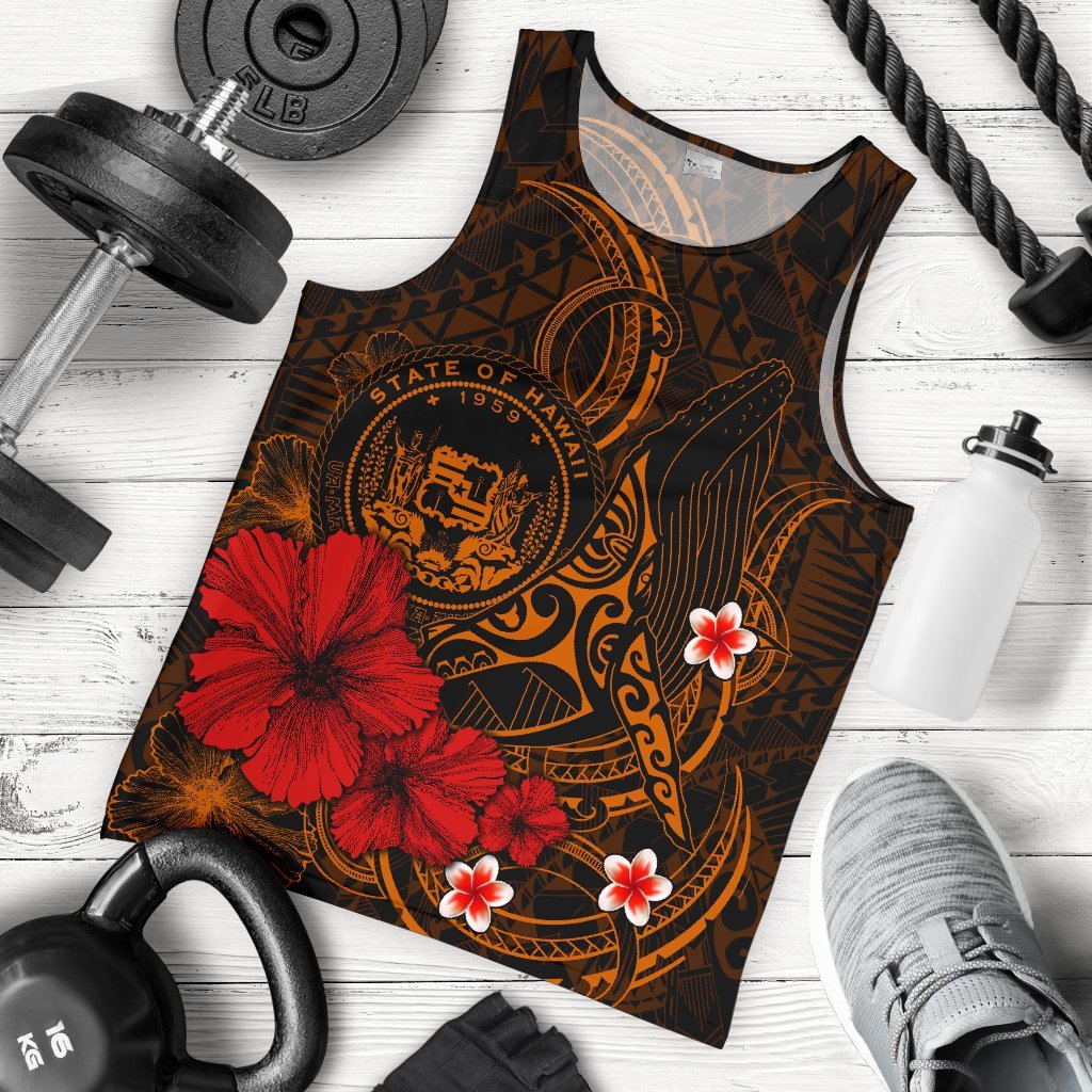 Polynesian Hawaii Men’S Tank Top – Humpback Whale With Hibiscus Golden