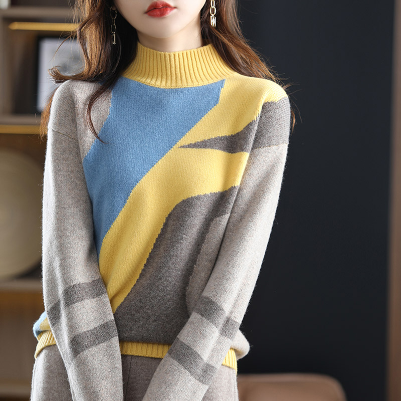 2021 Autumn Winter New Half High Neck Cashmere Sweater Women’s Knit Color Matching Base Shirt 100%Pure Wool Loose Thick Pullover alx