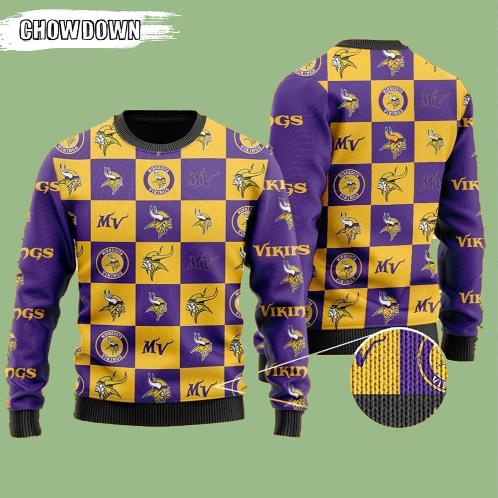 Logo Checkered Flannel Minnesota Vikings Gift For Fan Ugly Wool Sweater Christmas