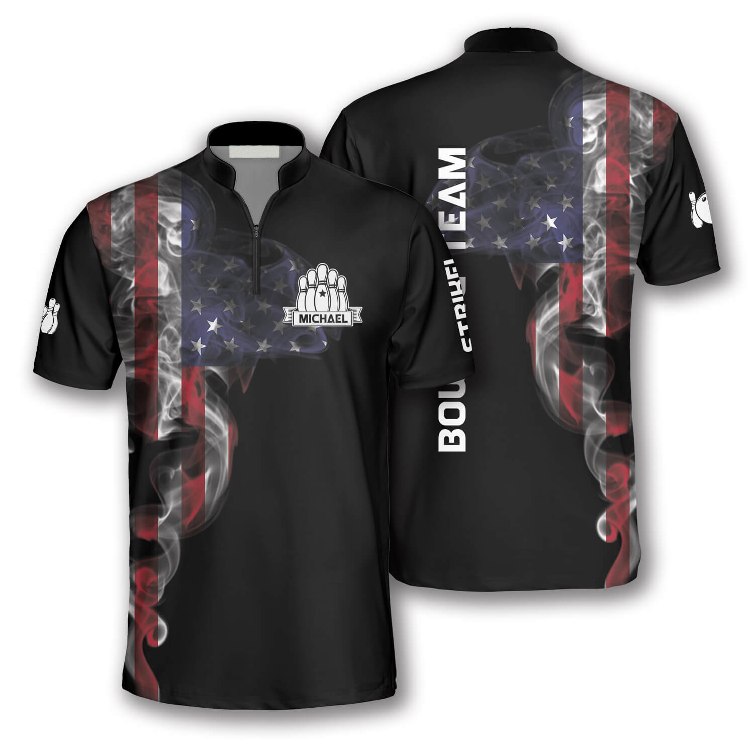 Us Flag Smoke Custom Bowling Jerseys For Men, Uniform Shirt For Bowling Team, Bowler