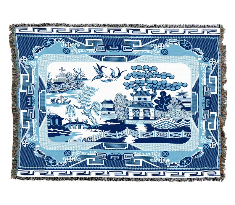 Blue Willow Chinese Vintage Retro Style Couch Sofa Blanket,  Woven Throw Blanket Home Decor