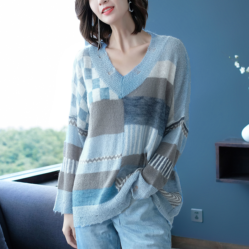 YISU Autumn Winter Knitted Sweater Women loose Plaid mohair pullover Women fashion Hole design top Mohair sweater Women alx